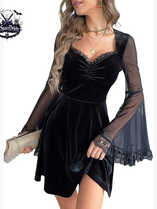 Dresses & Skirts - Velvet Mini Dress Sweetheart Neckline Lace Trim Bell Sleeves High Waist